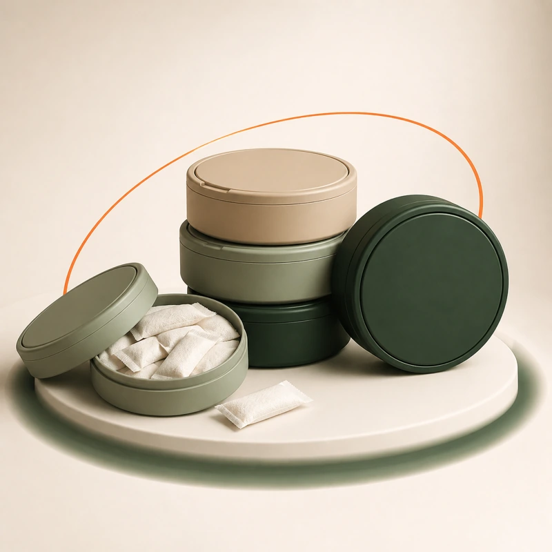 Nicotine pouch tins and sachets in a premium 3D product scene