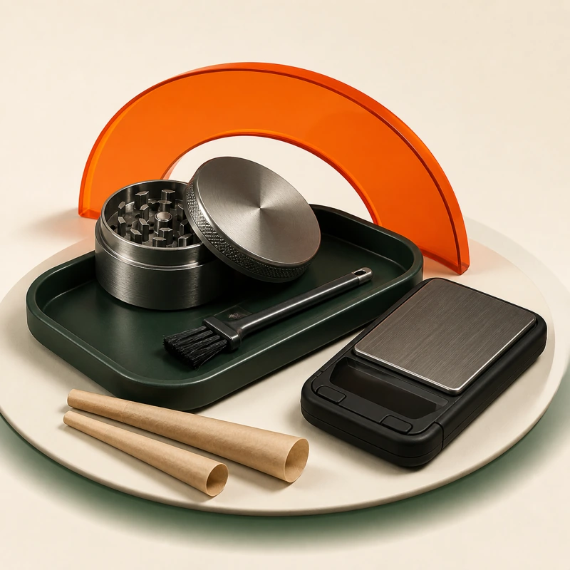 Smoke shop accessories in a premium 3D product scene