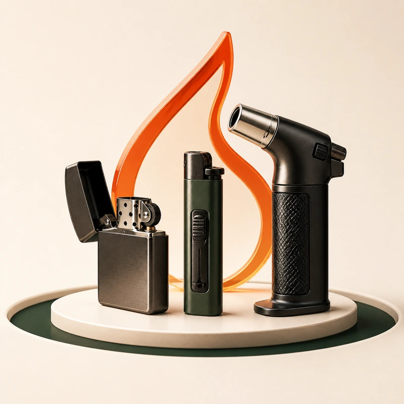 Lighters and a torch in a premium 3D product scene