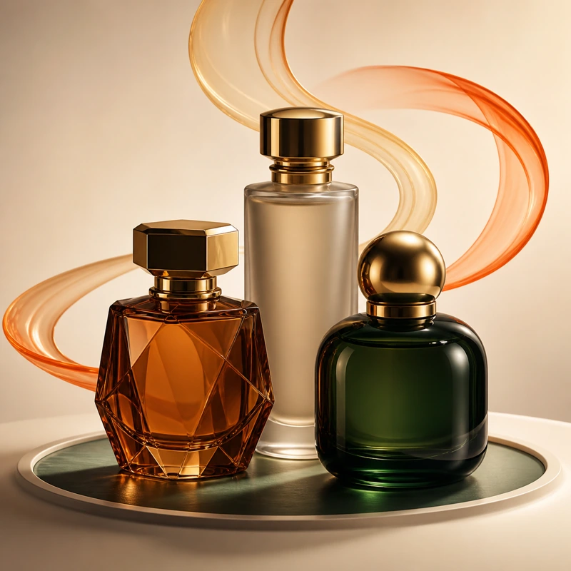 Premium fragrance bottles in a 3D product scene