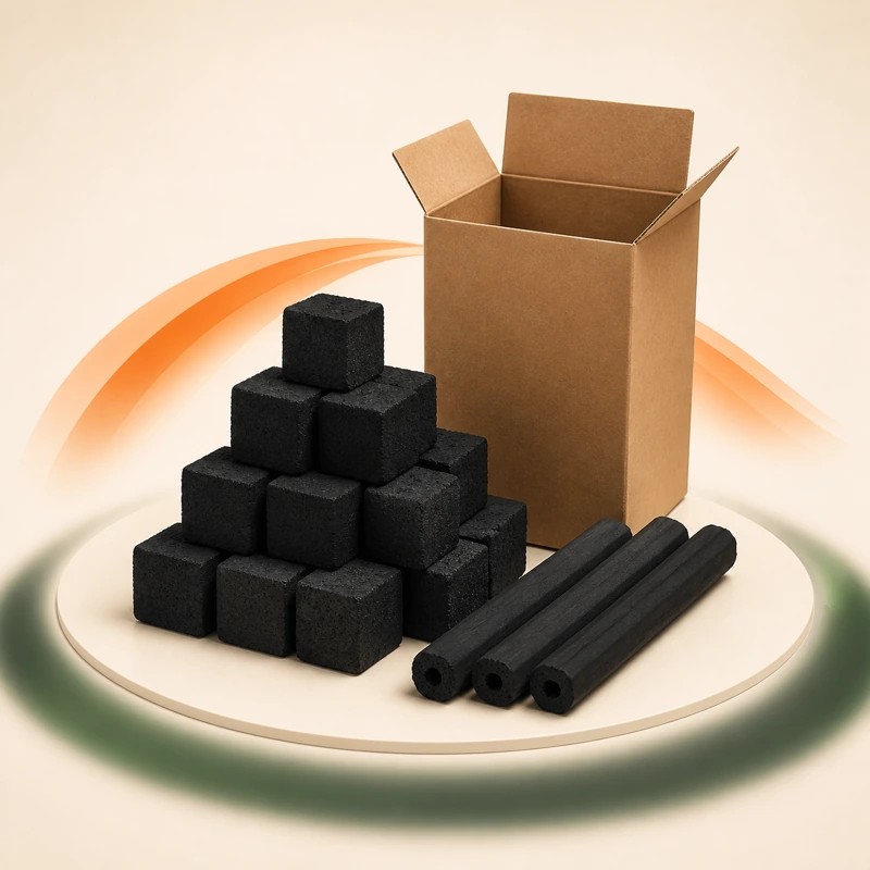 Coconut charcoal cases and pieces in a premium 3D product scene